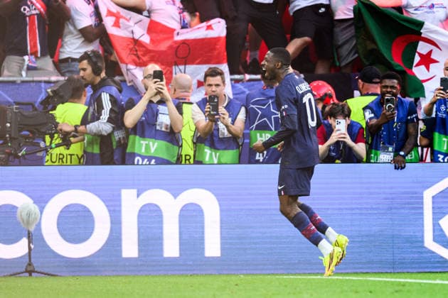 260530 Ousmane Dembele of Paris Saint Germain celebrates scoring 1 1 on a penalty during the UEFA Champions League final match between Paris Saint Germain and Arsenal on May 30, 2026 in Budapest Photo Maxim Thore BILDBYRAN kod MT MT1056 fotboll football soccer fotball uefa champions league champions league paris saint germain arsenal bbeng jubel  Copyright: MAXIMxTHORE BB260530MT137