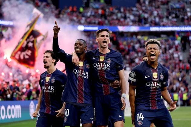 Ousmane Dembele of Paris Saint-Germain (left) celebrates with teammate Fabian Ruiz (centre) and DÃ sirÃ DouÃ scoring their side s first goal of the game Paris Saint-Germain v Arsenal, UEFA Champions League, Final, Football, Puskas Arena, Budapest, Hungary - 30 May 2026Budapest Puskas Arena Hungary EDITORIAL USE ONLY No use with unauthorised audio, video, data, fixture lists, club league logos or live services. Online in-match use limited to 120 images, no video emulation. No use in betting, games or single club league player publications.  Copyright: xAhmadxMora Shutterstockx 16902827cd