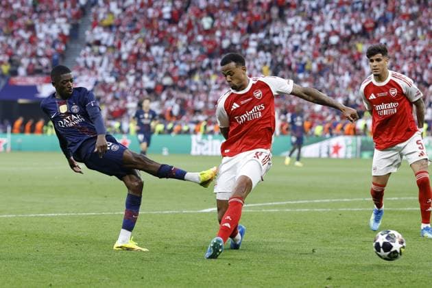 BUDAPEST - Ousmane Dembele of Paris Saint-Germain and Gabriel and Piero Hincapie of Arsenal FC during the UEFA Champions League final between Paris Saint-Germain and Arsenal FC at Puskas ArÃ na on May 30, 2026, Budapest, Hungary. MAURICE VAN STEEN ANP UEFA Champions League Final 2026 2025-2026 xVIxANPxSportx xMauricexvanxSteenxIVx 559688211 originalFilename: 559688211.jpg