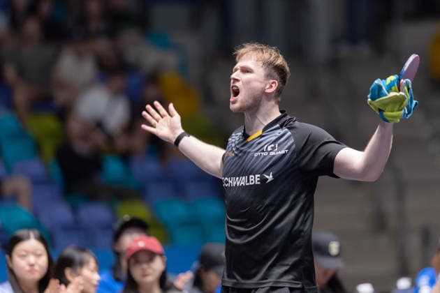 Borussia Düsseldorf TTC Schwalbe Bergneustadt, Liebherr TTBL Semi-Final 2026 Benedikt Duda TTC Schwalbe Bergneustadt celebrates after his victory over Dang Qiu Borussia Düsseldorf Liebherr TTBL Final4 2026, first semi-final between Borussia Düsseldorf and TTC Schwalbe Bergneustadt on May 30, 2026 at the Süwag Energie ARENA in Frankfurt am Main , Frankfurt am Main Hessen Germany Süwag Energie ARENA