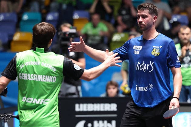 30 05 2026, xrekx, table tennis TTBL Final 4, SV Werder Bremen 1 FC Saarbrücken TT v l Kirill Gerassimenko SV Werder Bremen 3 2 cheers Patrick Franziska 1 FC Saarbruecken TT disappointed, disappointed, disappointed DFL DFB REGULATIONS PROHIBIT ANY USE OF PHOTOGRAPHS as IMAGE SEQUENCES and or QUASI VIDEO Frankfurt am Main
