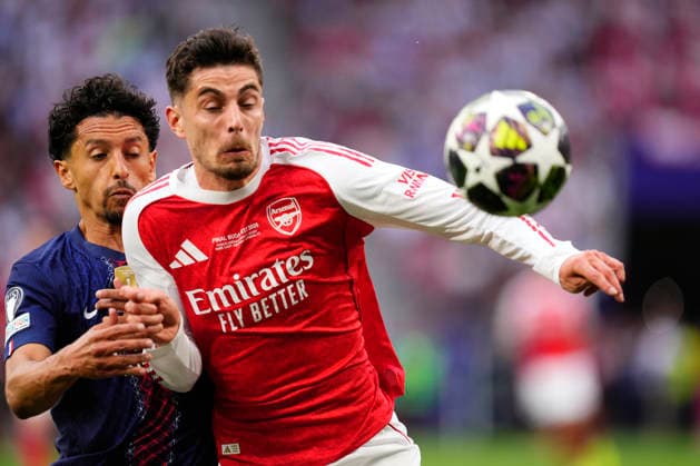 Paris Saint-Germain v Arsenal FC - UEFA Champions League Final 2026 Kai Havertz centre-forward of Arsenal and Germany and Marquinhos centre-back of PSG and Brazil battle for the ball during the UEFA Champions League Final 2026 match between Paris Saint-Germain and Arsenal FC at Puskas Arena on May 30, 2026 in Budapest, Hungary. Budapest Hungary  Copyright: xJosexBretonx originalFilename:bretonhernandez-parissai260530_npFUX.jpg