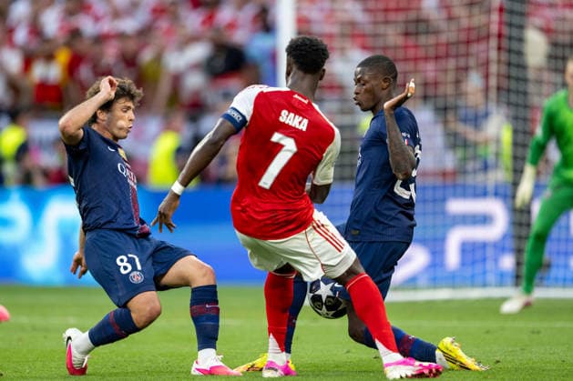 SOCCER - UEFA CL, PSG vs Arsenal BUDAPEST,HUNGARY,30.MAY.26 - SOCCER - UEFA Champions League, final, Paris Saint-Germain vs Arsenal FC. Image shows Joao Neves (PSG), Bukayo Saka (Arsenal) and Nuno Mendes (PSG).  GEPAxpictures xAvnixRetkoceri