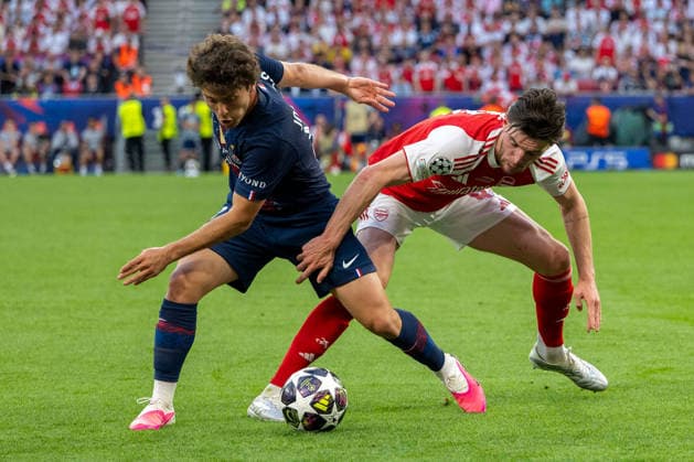 SOCCER - UEFA CL, PSG vs Arsenal BUDAPEST,HUNGARY,30.MAY.26 - SOCCER - UEFA Champions League, final, Paris Saint-Germain vs Arsenal FC. Image shows Joao Neves (PSG) and Declan Rice (Arsenal).  GEPAxpictures xAvnixRetkoceri