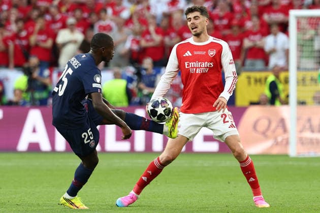 Nuno Alexandre Tavares Mendes of PSG and Kai Havertz of Arsenalduring the 2025 2026 Champions League Final football match between Paris Saint Germain and Arsenal FC at Puskas Arena stadium in Budapest (Hungary), May 30th, 2026. CesarexPurini