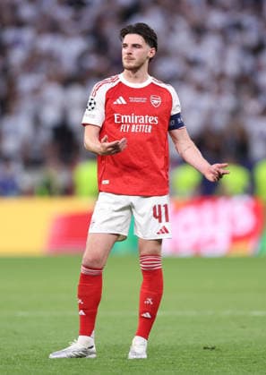Budapest, Hungary, 30th May 2026. Declan Rice of Arsenal during the Paris Saint Germain vs Arsenal UEFA Champions League Final match at Puskas Arena, Budapest. Picture credit should read: David Klein Sportimage EDITORIAL USE ONLY. No use with unauthorised audio, video, data, fixture lists, club league logos or live services. Online in-match use limited to 120 images, no video emulation. No use in betting, games or single club league player publications. SPI_131_DK_PSG_Arsenal SPI-4828-0130