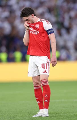 Budapest, Hungary, 30th May 2026. Declan Rice of Arsenal during the Paris Saint Germain vs Arsenal UEFA Champions League Final match at Puskas Arena, Budapest. Picture credit should read: David Klein Sportimage EDITORIAL USE ONLY. No use with unauthorised audio, video, data, fixture lists, club league logos or live services. Online in-match use limited to 120 images, no video emulation. No use in betting, games or single club league player publications. SPI_132_DK_PSG_Arsenal SPI-4828-0131