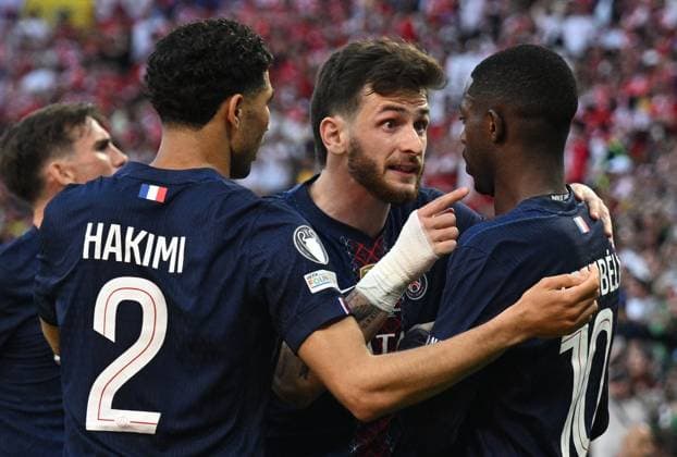Hungary Soccer Champions League PSG - Arsenal 9177078 30.05.2026 Paris Saint-Germain s players celebrate their team s first goal, scored by Ousmane Dembele from the penalty spot, during the UEFA Champions League final soccer match between Paris Saint-Germain (PSG) and Arsenal at Puskas Arena in Budapest, Hungary. Alexey Filippov Sputnik Budapest Hungary  Copyright: xAlexeyxFilippovx