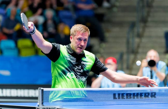 Mattias Karlsson Sweden from SV Werder Bremen in action in the semi-finals of the TTBL Final Four Mattias Karlsson Sweden from SV Werder Bremen in action in the semi-finals of the TTBL Final Four in Frankfurt at the Süwag Energie Arena on May 30, 2026 Frankfurt am Main Süwag Energie ARENA Hessen Germany