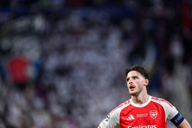 260530 Declan Rice of Arsenal during the UEFA Champions League final match between Paris Saint Germain and Arsenal on May 30, 2026 in Budapest Photo Maxim Thore BILDBYRAN kod MT MT1056 fotboll football soccer fotball uefa champions league champions league paris saint germain arsenal bbeng  Copyright: MAXIMxTHORE BB260530MT183