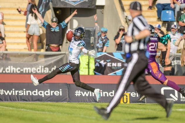 Bijon Harris (Munich Ravens, 21) celebrating touchdown run, Frankfurt Galaxy vs Munich Ravens, American Football, European Football Alliance, Week 3, 2026, 30.05.2026, Frankfurt PSD Bank Arena Germany Copyright: xFootxBowlxPressexFotoxAgentur JUx