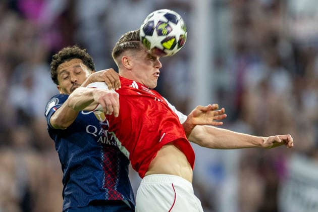 SOCCER - UEFA CL, PSG vs Arsenal BUDAPEST,HUNGARY,30.MAY.26 - SOCCER - UEFA Champions League, final, Paris Saint-Germain vs Arsenal FC. Image shows Marquinhos (PSG) and Viktor Gyoekeres (Arsenal).  GEPAxpictures xAvnixRetkoceri