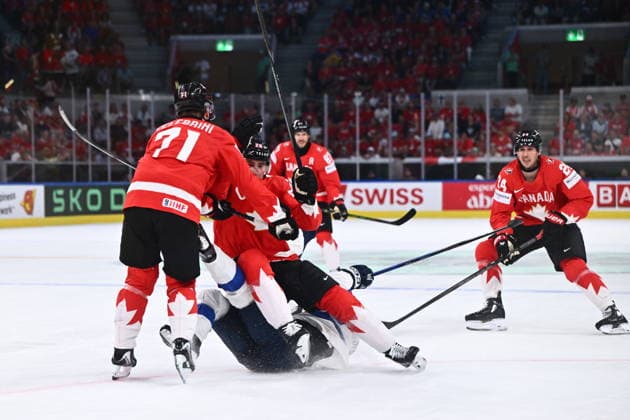 From left Macklin Celebrini, Zach Whitecloud and Dylan Cozens in action during the semifinal match Canada vs Finland at the 2026 IIHF Ice hockey, Eishockey World Championship, WM, Weltmeisterschaft on May 30, 2026, Zurich, Switzerland. (CTKxPhoto RadekxPetrasek) CTKPhotoP2026053005349  CTKPhotoP2026053005349