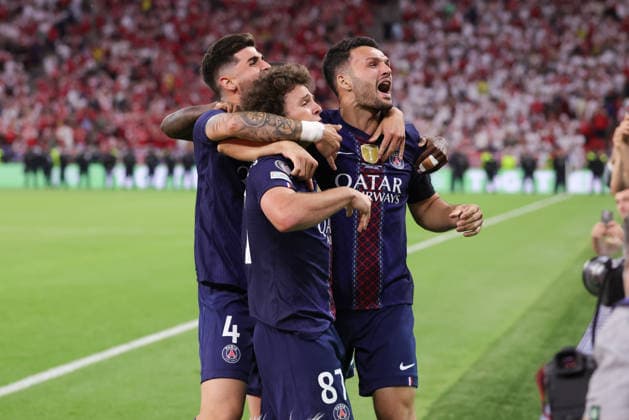 BUDAPEST, HUNGARY - MAY 30: Lucas Beraldo of Paris Saint-Germain, Joao Neves of Paris Saint-Germain, Goncalo Ramos of Paris Saint-Germain celebrate winning tbe Champions League during the UEFA Champions League 2026 Final between Paris Saint-Germain and Arsenal FC at Puskas Arena on May 30, 2026 in Budapest, Hungary.  Copyright: xRenexNijhuis MBxMediax