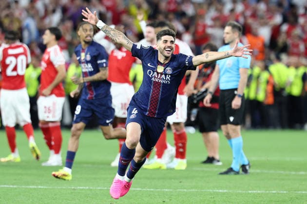 Lucas Lopes Beraldo of PSG celebrates after winning the 2025 2026 Champions League Final football match between Paris Saint Germain and Arsenal FC on penalties at Puskas Arena stadium in Budapest (Hungary), May 30th, 2026. CesarexPurini