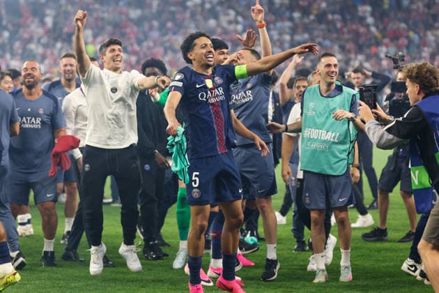 Marcos Aoas Correa Marquinhos of PSG celebrates after winning the 2025 2026 Champions League Final football match between Paris Saint Germain and Arsenal FC on penalties at Puskas Arena stadium in Budapest (Hungary), May 30th, 2026. CesarexPurini