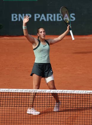 French Diane Parry celebrates her win against US Amanda Anisimova during their third-round match at the French Tennis Open in Roland Garros in Paris, France, on Saturday, May 30, 2026. Parry won 6-3, 4-6, 7-6.  PAR20260530127 MAYAxVIDON-WHITE