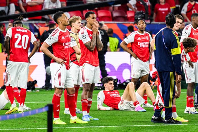 260530 Players of Arsenal looks dejected the UEFA Champions League final match between Paris Saint Germain and Arsenal on May 30, 2026 in Budapest Photo Maxim Thore BILDBYRAN kod MT MT1056 fotboll football soccer fotball uefa champions league champions league paris saint germain arsenal bbeng depp  Copyright: MAXIMxTHORE BB260530MT226