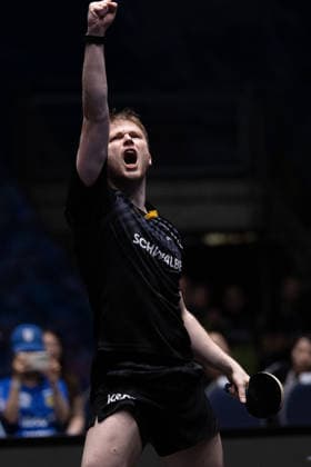 Benedikt Duda GER, TTC Schwalbe Bergneustadt in action, celebrates his victory over Dang Qiu GER, Borussia Duesseldorf during the semifinal matches Borussia Düsseldorf TTC Schwalbe of the Liebherr TTBL Final4 at the Süwag Energie ARENA on May 30, 2026, in Frankfurt, Germany Copyright: JoaquimxFerreira