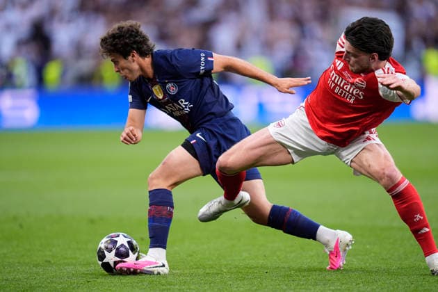 May 30, 2026, Budapest, Budapest, Hungary: Joao Neves of Paris Saint Germain and Declan Rice of Arsenal FC in action during the UEFA Champions League Final 2026 match between Paris Saint-Germain and Arsenal FC at Puskas Arena on May 30, 2026 in Budapest, Hungary. Paris Saint-Germain V Arsenal FC - UEFA Champions League Final 2026  - ZUMAa181 20260530_zaa_a181_122 Copyright: xDennisxAgyemanx