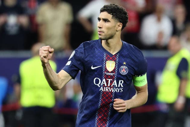 Achraf Hakimi of PSG celebrates after scoring a penalty during the 2025 2026 Champions League Final football match between Paris Saint Germain and Arsenal FC at Puskas Arena stadium in Budapest (Hungary), May 30th, 2026. CesarexPurini