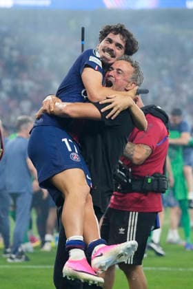 Paris Saint-Germain v Arsenal FC - UEFA Champions League Final 2026 Vitinha central midfield of PSG and Portugal and Luis Enrique head coach of PSG celebrates winning the Champions League during the UEFA Champions League Final 2026 match between Paris Saint-Germain and Arsenal FC at Puskas Arena on May 30, 2026 in Budapest, Hungary. Budapest Hungary  Copyright: xJosexBretonx originalFilename:bretonhernandez-parissai260530_npOJX.jpg