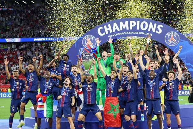 30.05.2026 - SOCCER - 2025-2026 UEFA Champions League final , Paris vs Arsenal Paris lift the trophy Budapest Puskas Arena ,Budapest Puskas Arena Hungary