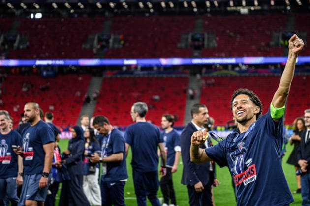 260530 Marquinhos of Paris Saint Germain celebrates after the UEFA Champions League final match between Paris Saint Germain and Arsenal on May 30, 2026 in Budapest Photo Maxim Thore BILDBYRAN kod MT MT1056 fotboll football soccer fotball uefa champions league champions league paris saint germain arsenal bbeng jubel  Copyright: MAXIMxTHORE BB260530MT245