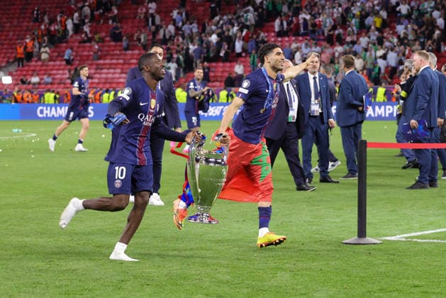 BUDAPEST, HUNGARY - MAY 30: Ousmane Dembele of Paris Saint-Germain, Achraf Hakimi of Paris Saint-Germain with the UEFA Champions League trophy during the UEFA Champions League 2026 Final between Paris Saint-Germain and Arsenal FC at Puskas Arena on May 30, 2026 in Budapest, Hungary.  Copyright: xRenexNijhuis MBxMediax