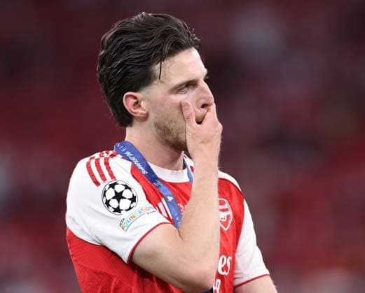 Budapest, Hungary, 30th May 2026. Dejected Declan Rice of Arsenal uring the Paris Saint Germain vs Arsenal UEFA Champions League Final match at Puskas Arena, Budapest. Picture credit should read: David Klein Sportimage EDITORIAL USE ONLY. No use with unauthorised audio, video, data, fixture lists, club league logos or live services. Online in-match use limited to 120 images, no video emulation. No use in betting, games or single club league player publications. SPI_149_DK_PSG_Arsenal SPI-4828-0148