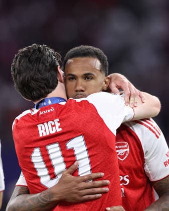 Budapest, Hungary, 30th May 2026. Declan Rice of Arsenal consoles Gabriel of Arsenal during the Paris Saint Germain vs Arsenal UEFA Champions League Final match at Puskas Arena, Budapest. Picture credit should read: David Klein Sportimage EDITORIAL USE ONLY. No use with unauthorised audio, video, data, fixture lists, club league logos or live services. Online in-match use limited to 120 images, no video emulation. No use in betting, games or single club league player publications. SPI_151_DK_PSG_Arsenal SPI-4828-0150