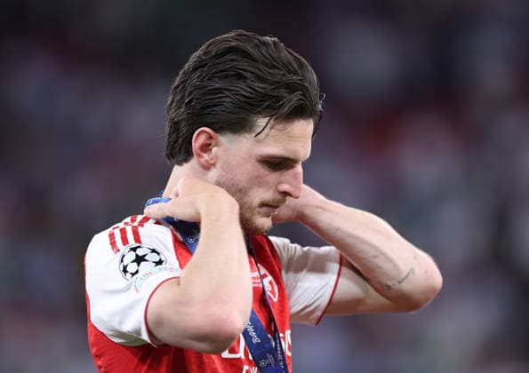 Budapest, Hungary, 30th May 2026. Dejected Declan Rice of Arsenal uring the Paris Saint Germain vs Arsenal UEFA Champions League Final match at Puskas Arena, Budapest. Picture credit should read: David Klein Sportimage EDITORIAL USE ONLY. No use with unauthorised audio, video, data, fixture lists, club league logos or live services. Online in-match use limited to 120 images, no video emulation. No use in betting, games or single club league player publications. SPI_153_DK_PSG_Arsenal SPI-4828-0152