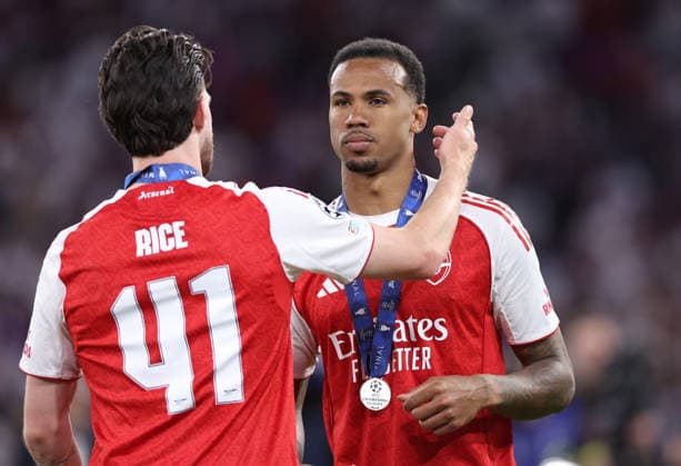 Budapest, Hungary, 30th May 2026. Declan Rice of Arsenal consoles Gabriel of Arsenal during the Paris Saint Germain vs Arsenal UEFA Champions League Final match at Puskas Arena, Budapest. Picture credit should read: David Klein Sportimage EDITORIAL USE ONLY. No use with unauthorised audio, video, data, fixture lists, club league logos or live services. Online in-match use limited to 120 images, no video emulation. No use in betting, games or single club league player publications. SPI_152_DK_PSG_Arsenal SPI-4828-0151