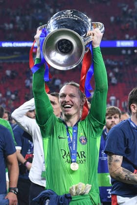 Soccer Champions League Final Paris Saint Germain FC Arsenal on 30 05 2026 at the Puskas Arena in Budapest Matvei Safonov Paris with the Champions League trophy xRx