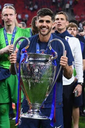 Soccer Champions League Final Paris Saint Germain FC Arsenal on 30 05 2026 at the Puskas Arena in Budapest Lucas Beraldo Paris with the Champions League trophy xRx
