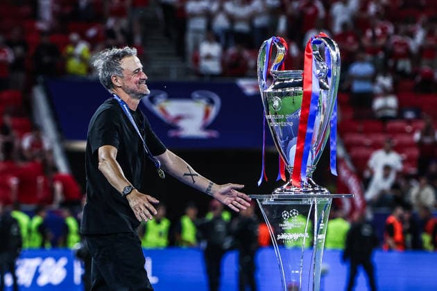 Sport, Football, UEFA Champions League season 2025 2026 final Paris Saint Germain FC Arsenal 30 05 2026, Puskas Arena Budapest Paris Saint Germain is the winner of the UEFA Champions League, Luis Enrique coach head coach Paris passes the cup and is happy Budapest Puskas Arena Hungary