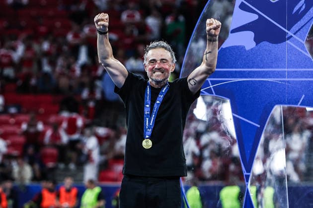 Sport, Football, UEFA Champions League season 2025 2026 final Paris Saint Germain FC Arsenal 30 05 2026, Puskas Arena Budapest Paris Saint Germain is the winner of the UEFA Champions League, Luis Enrique coach head coach Paris is happy Budapest Puskas Arena Hungary