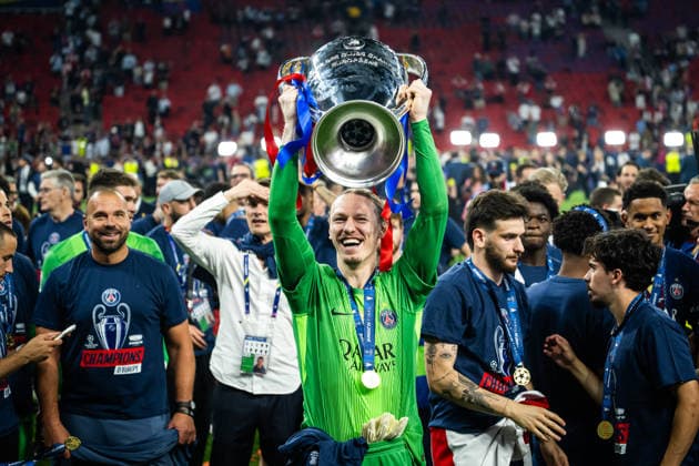 260530 Goalkeeper Matvey Safonov of Paris Saint Germain celebrates after the UEFA Champions League final match between Paris Saint Germain and Arsenal on May 30, 2026 in Budapest Photo Maxim ThorÃ BILDBYRAN kod MT MT1056 fotboll football soccer fotball uefa champions league champions league paris saint germain arsenal bbeng interiör jubel  Copyright: MAXIMxTHORE BB260530MT285
