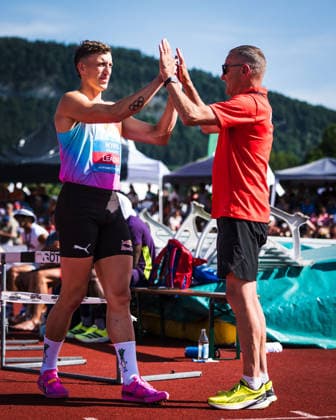 51 Hypomeeting, Goetzis AT , 30 05 2026 GOETZIS, SWITZERLAND MAY 30 Simon EHAMMER of Switzerland, left, and his coach Karl Wyler during the high jump of the mens decathlon at the 51 Hypomeeting, Goetzis AT on May 30, 2026 in Goetzis, Switzerland Copyright: xBEAUTIFULxSPORTS UlfxSchillerx