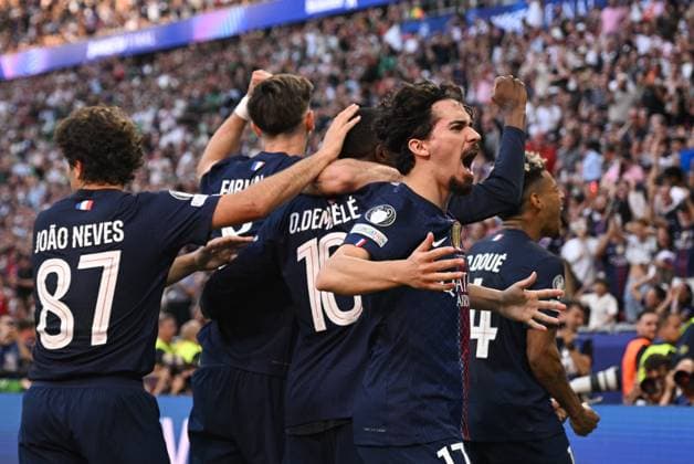 Hungary Soccer Champions League PSG - Arsenal 9177282 30.05.2026 Paris Saint-Germain s players celebrate their team s first goal, scored by Ousmane Dembele from the penalty spot, during the UEFA Champions League final soccer match between Paris Saint-Germain (PSG) and Arsenal at Puskas Arena in Budapest, Hungary. Alexey Filippov Sputnik Budapest Hungary  Copyright: xAlexeyxFilippovx