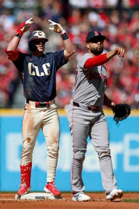 May 30, 2026: Cleveland Guardians second baseman Travis Bazzana (37)reacts after hitting a double during the first inning of the Major League Baseball game between the Boston Red Sox and Cleveland Guardians at Progressive Field in Cleveland, Ohio. CSM Cleveland United States of America - ZUMAc04_ 20260530_zma_c04_021 Copyright: xBrianxFisherx