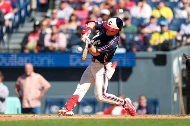 May 30, 2026: Cleveland Guardians second baseman Travis Bazzana (37) hits a double during the first inning of the Major League Baseball game between the Boston Red Sox and Cleveland Guardians at Progressive Field in Cleveland, Ohio. CSM Cleveland United States of America - ZUMAc04_ 20260530_zma_c04_002 Copyright: xBrianxFisherx