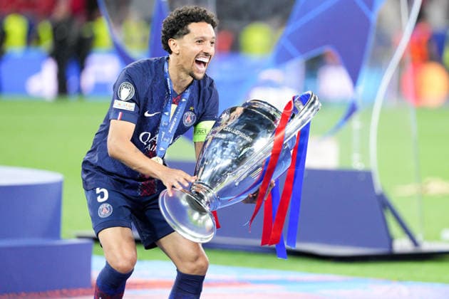 BUDAPEST, HUNGARY - 30 MAY 2026: Captain Marquinhos of Paris Saint-Germain F.C. gets ready to lift the trophy after winning the 2026 UEFA Champions League Final match between Paris Saint-Germain F.C. and Arsenal F.C. at Puskas Arena on May 30, 2026 in Budapest, Hungary.  Copyright: xAlexandraxFechetex xSPPx Sportspressphoto_SPR157524