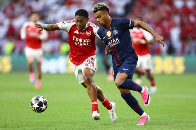May 30, 2026, Budapest, Hungary: MILES LEWIS-SKELLY of Arsenal and DESIRE DOUE of PSG battle for the ball in the UEFA Champions League 2025 26 final between Paris Saint-Germain and Arsenal FC at the Puskas Arena in Budapest, Hungary. Soccer 2026: UEFA Champions League Final: PSG : Arsenal  - ZUMAc179 20260530_zep_c179_099 Copyright: xMickaelxChavetx