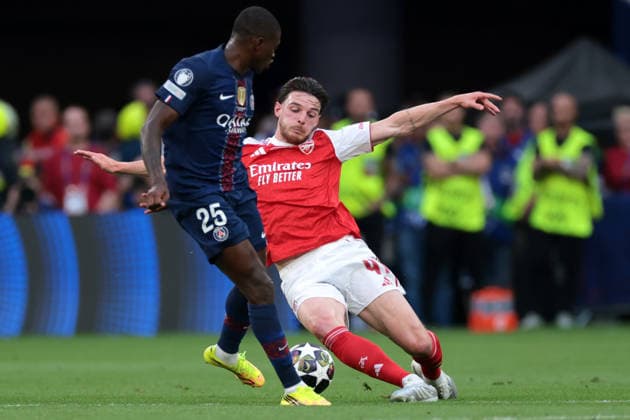 Budapest, Hungary, 30th May 2026. Declan Rice of Arsenal FC challenges Nuno Mendes of PSG during the Paris Saint Germain vs Arsenal FC UEFA Champions League Final match at Puskas Arena, Budapest. Picture credit should read: Jonathan Moscrop Sportimage EDITORIAL USE ONLY. No use with unauthorised audio, video, data, fixture lists, club league logos or live services. Online in-match use limited to 120 images, no video emulation. No use in betting, games or single club league player publications. SPI_010_PSG_ARSENAL_UCL SPI-4825-0010