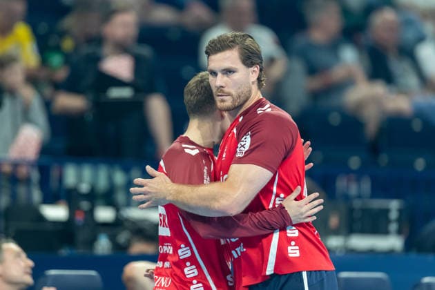 Johannes Golla SG Flensburg Handewitt looks on during the handball semi final of the Winamax EHF Finals 2026 between MT Melsungen and SG Flensburg Handewitt at Barclays Arena on May 30, 2026 in Hamburg, Germany
