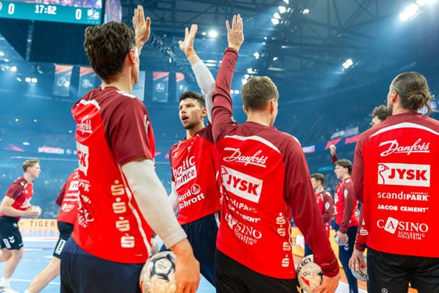 Marko Grgic SG Flensburg Handewitt gestures during the handball semi final of the Winamax EHF Finals 2026 between MT Melsungen and SG Flensburg Handewitt at Barclays Arena on May 30, 2026 in Hamburg, Germany