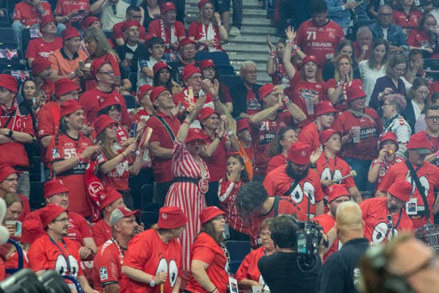 Supporters of MT Melsungen during the handball semi final of the Winamax EHF Finals 2026 between MT Melsungen and SG Flensburg Handewitt at Barclays Arena on May 30, 2026 in Hamburg, Germany