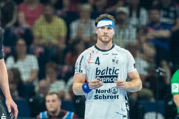 Johannes Golla SG Flensburg Handewitt looks on during the handball semi final of the Winamax EHF Finals 2026 between MT Melsungen and SG Flensburg Handewitt at Barclays Arena on May 30, 2026 in Hamburg, Germany