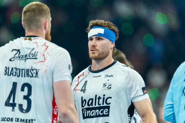 Johannes Golla SG Flensburg Handewitt looks on during the handball semi final of the Winamax EHF Finals 2026 between MT Melsungen and SG Flensburg Handewitt at Barclays Arena on May 30, 2026 in Hamburg, Germany